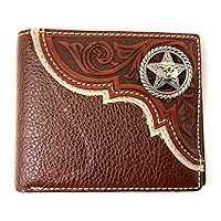 Texas West Premium Genuine Leather Tooled Men's Short Bifold Wallet, premium cowboy wallets (Chrome Longhorn Star Brown)