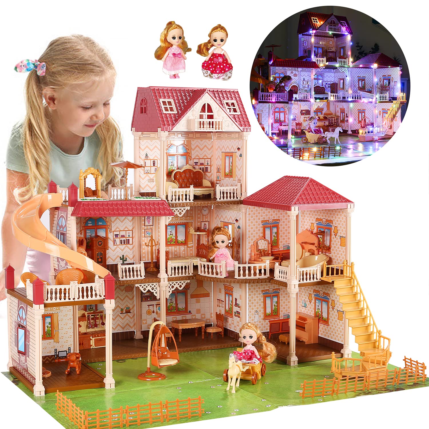 CUTE STONE Huge Dollhouse with 2 Dolls and Colorful Light, 32