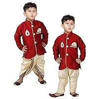 Boys Maroon Indo Western With Dhoti And Breeches Combo Set Of Three (Size: 12-18 Months)