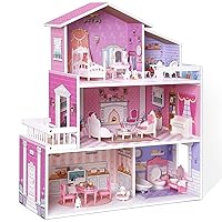 Wooden Dollhouse Playset, 3 Stories, 5 Rooms, 24 PCS Furniture, Pretend Play Toys Gift for Kids Toddlers Girls