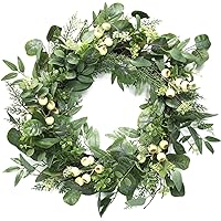 Artificial Eucalyptus Wreath with Glitter 24 Inch for Front Door, Green Spring Wreath with Big White Berries and Eucalyptus Leaves for Wedding Home Décor Outdoor décor