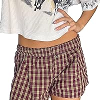 ﻿ Women's Summer Y2k Cute Boxer Shorts Plaid Striped Pajama Bottoms Elastic Sleepwear Pj Beach Shorts