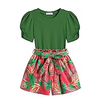 Arshiner Toddler Girls Summer Outfits 2 Piece Set Knit Twist Puff Sleeve Top and High Waist Paper Bag Short with Pockets