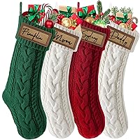 Personalized Christmas Stocking with Leather Patches Custom Name Family Christmas Stockings, 18.5” Large Knitted Xmas Stockings for Kids, Holiday and Fireplace Party Decoration- 4Pcs