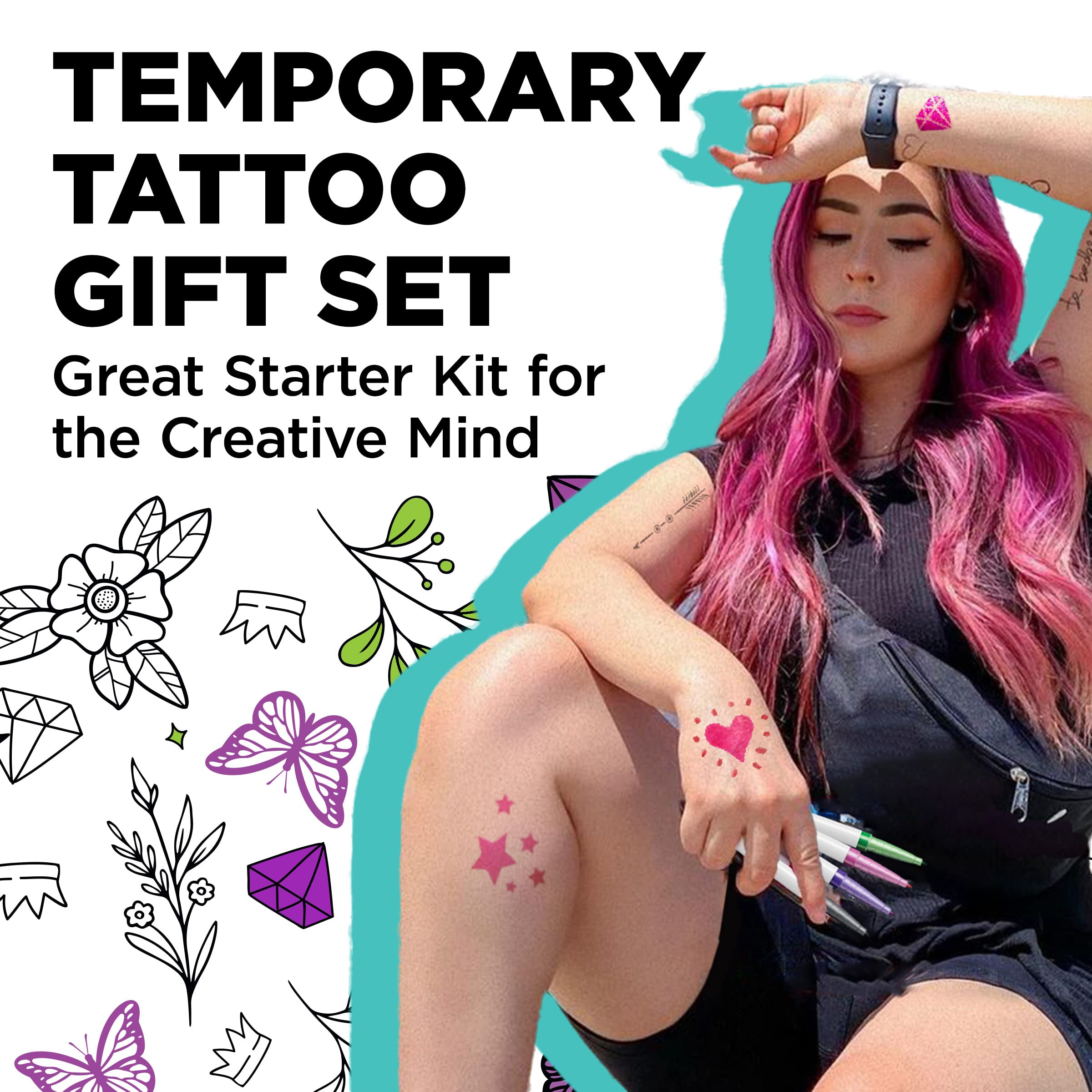 BodyMark Gift Set Temporary Tattoo Marker for Skin, Premium Brush Tip, 4 Count Pack of Assorted Colors and Stencils, Skin-Safe Temporary Tattoo Markers Set