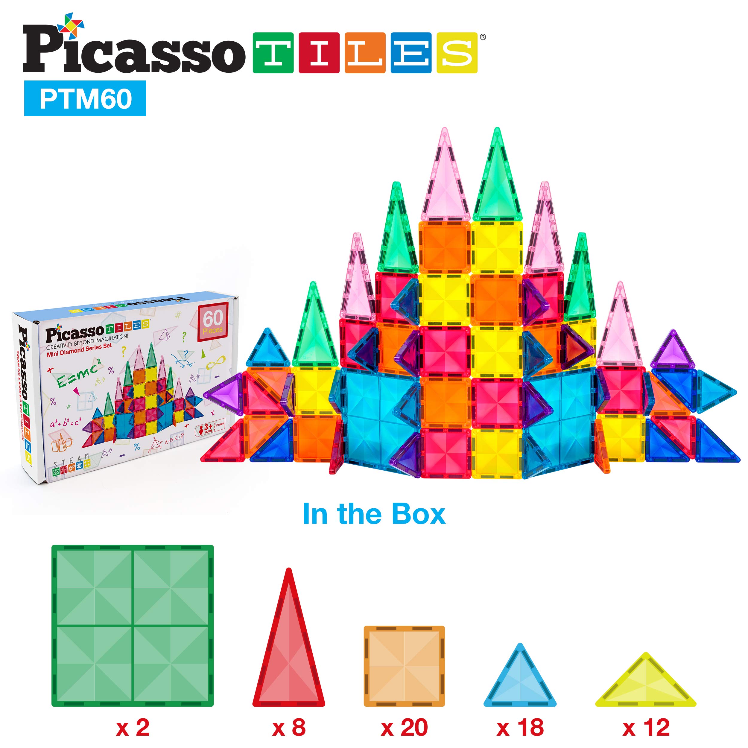 PicassoTiles 201 Piece Engineering Kit + 60 Piece Magnetic Mini Diamond Blocks, STEM Learning Toys Playset w/IdeaBook, Power Drill, Clickable Ratchet, Travel Size On-The-Go Magnet Construction Toy