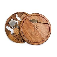 TOSCANA - a Picnic Time brand Personalized Monogram Initials Acacia Circo Cheese Cutting Board & Tools Set, 10.2 x 10.2 x 1.6, Letter P