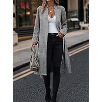 Coat for Women - Herringbone Notched Neckline Open Front Overcoat (Color : Dark Grey, Size : Medium)