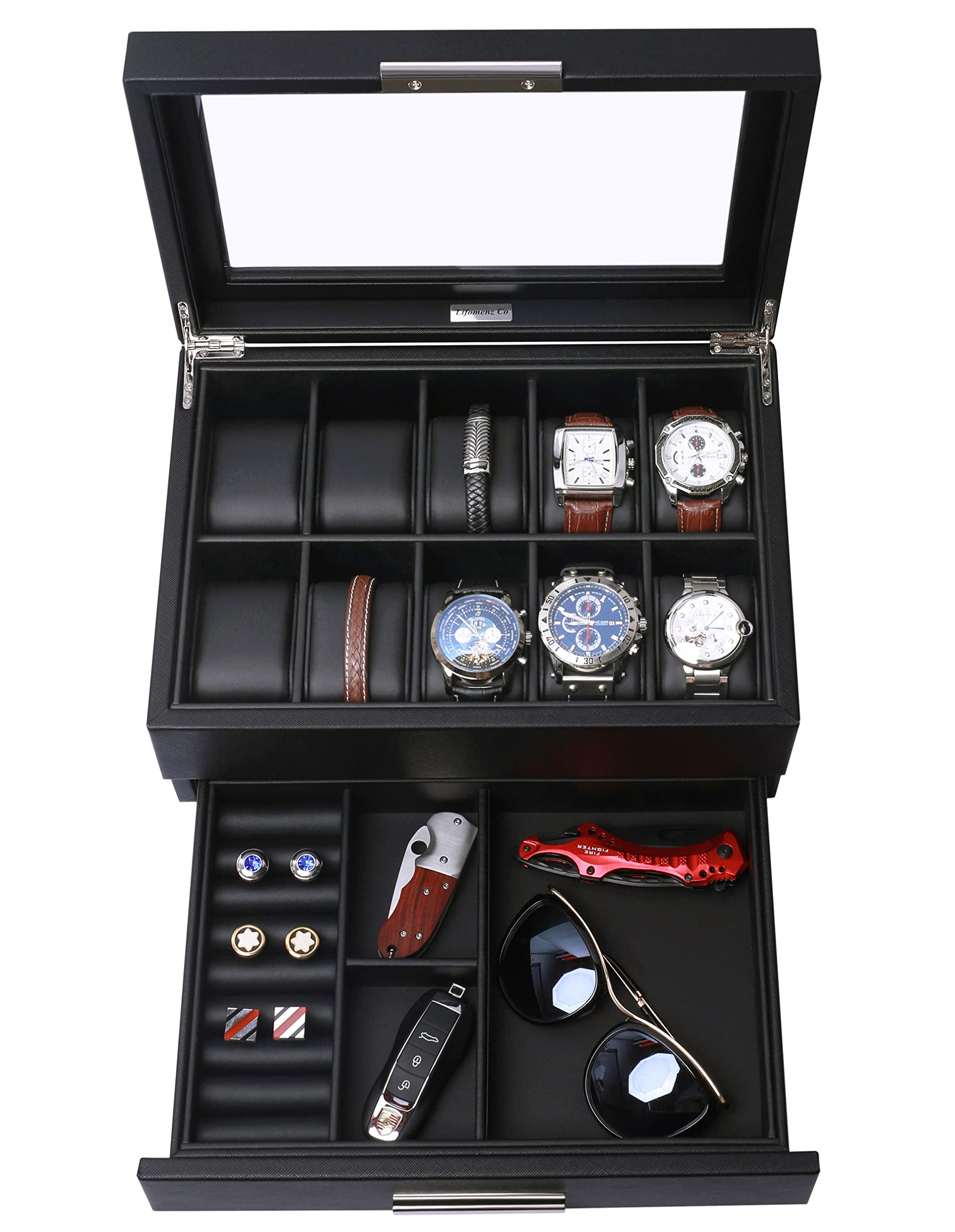 Lifomenz Co Leather Watch Box with Drawer for Men Watch Jewelry Box Organizer,Watch Display Case Catchall Tray for Men Accessories Organizer,Watch Storage with Large Watch Holder