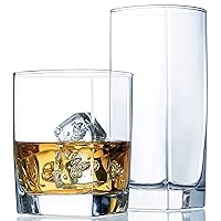 Collins Everyday Drinking Glasses Set of 16 Drinkware Kitchen Glasses for Cocktail, Iced Coffee, Beer, Ice Tea, Wine, Whiskey, Water, 8 Tall Highball Glass Cups & 8 Short Old Fashioned