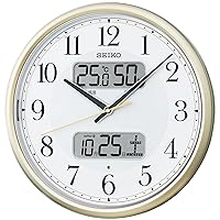 Seiko Clock KX384S Wall Clock, Automatic Light, Radio, Analog, Calendar, Temperature and Humidity Display, Visible Even at Night, Light Gold, Pearl