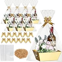 Fulmoon 20 Pcs Baskets for Gifts Empty Kraft Gift Basket Kit with 20 Pull Bows 20 Clear Gift Bags Raffia Empty Gift Basket for Birthday Wedding Christmas Valentines (Gold Basket, Gold Bow,Classic)