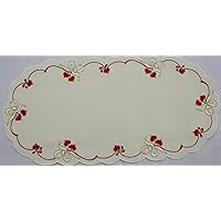 Valentine or Wedding Linen Doily with Red Hearts and White Bows Accented with Gold Thread.
