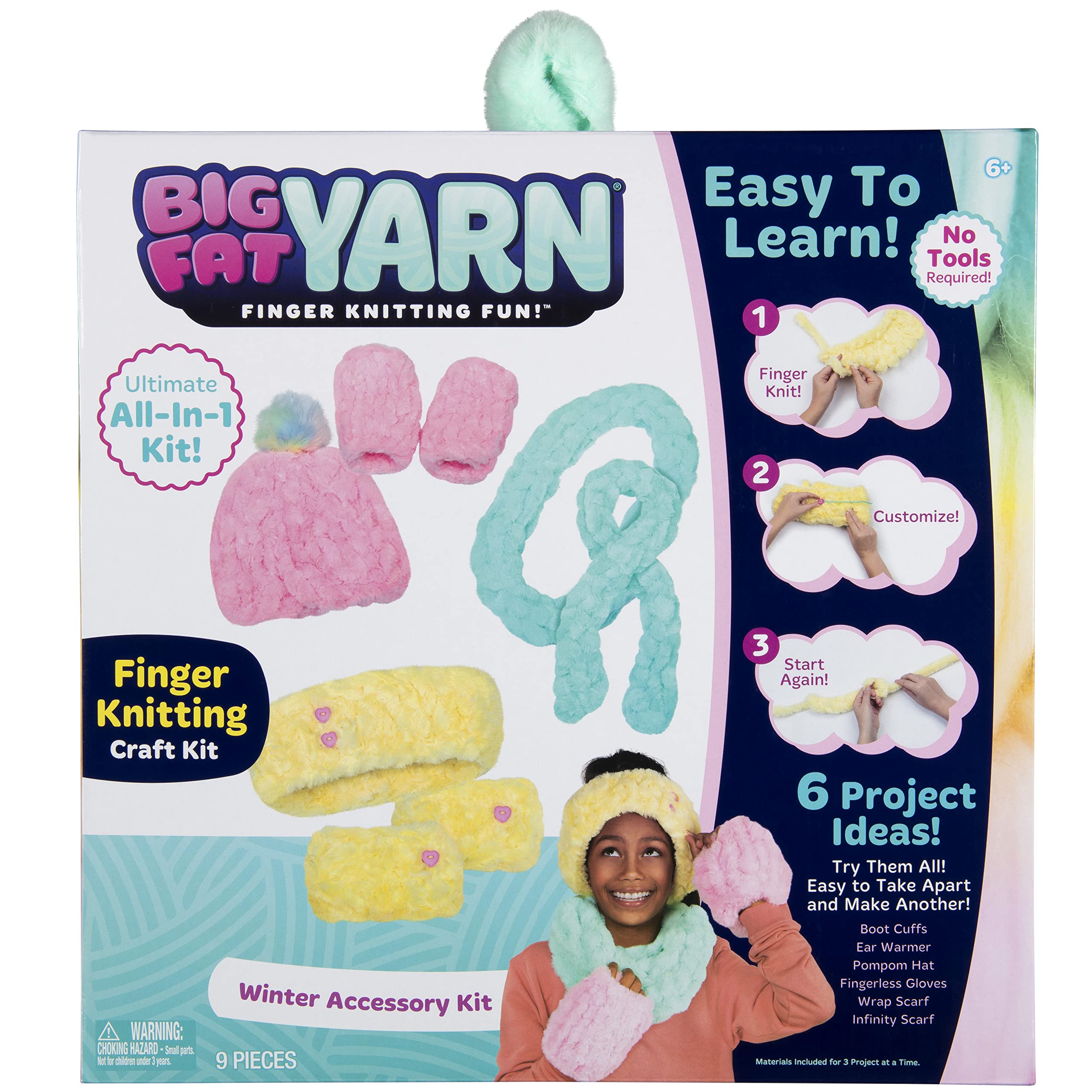 Big Fat Yarn Winter Accessory Kit - Fun DIY All in One Finger Knitting Kit - Level 1: Beginner, Arts and Crafts for Kids Teens Tweens and Adults - 6 Project Ideas - Ages 6+
