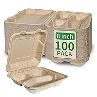 100 Pack 8 Inch 3 Compartment Takeout Lunch Box Containers with Lid, To Go Take Out Compostable Clamshell for Food, Disposable Bagasse Eco-Friendly Biodegradable, PFAS-Free, Unbleached Brown