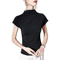 Women's Fashion Mesh Tops Casual Crewneck Short Sleeve Pleated Patchwork Blouses Ladies Daily Elegant Work Shirts