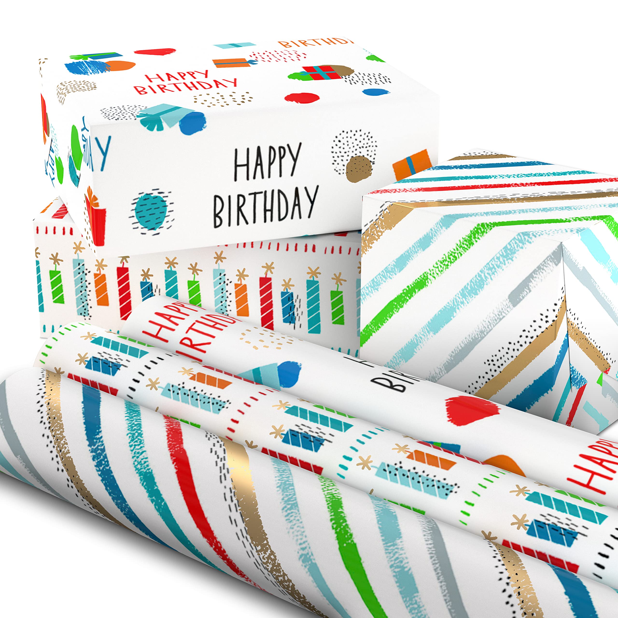 Hallmark Colorful Wrapping Paper Bundle with Cutlines on Reverse (6 Rolls: 115 Square Feet Total) Red, Blue, Yellow, Green, Rainbow Stripes, Polka Dots for Birthdays, Graduations, Father's Day