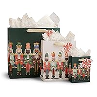 RIFLE PAPER CO. Nutcracker Brigade Gift Bag Set with 1 Large, Small, and Medium Bag with Tissue Paper, Uncoated Paper with Gold Foil and a Cotton Ribbon, Gift Tag Printed with Festive Designs