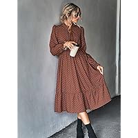 Women's Dress Tie Neck Allover Print -line Dress (Color : Brown, Size : Small)