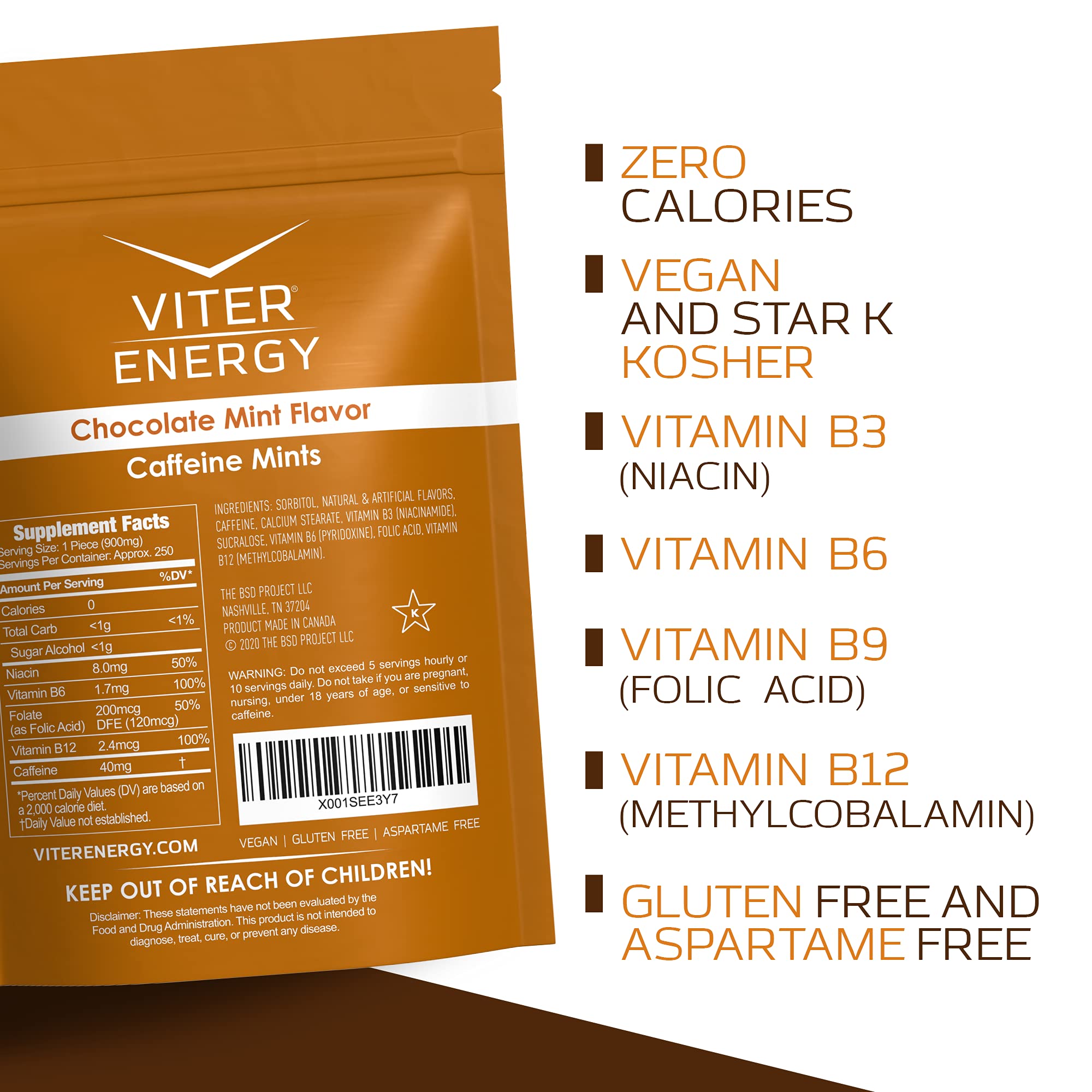 Viter Energy Original Caffeine Mints Chocolate Mint Flavor 6 Pack and 1/2 Pound Bulk Bag Bundle - 40mg Caffeine, B Vitamins, Sugar Free, Vegan, Powerful Energy Booster for Focus and Alertness