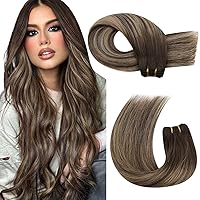 Moresoo Sew in Extensions Human Hair Weft Extensions Balayage Sew in Hair Extensions Real Human Hair Ombre Dark Brown Mixed with Caramel Blonde Double Weft Human Hair Extensions 20 Inch 100g