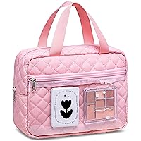 CAMTOP Makeup Bag Women Girls Corduroy Cosmetic Bags Travel Toiletry Purse Zipper Pouch (Pink quilted)