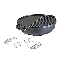 Cast Iron Cook-It-All Kit. Five-Piece Cast Iron Set includes a Reversible Grill/Griddle 14 Inch, 6.8 Quart Bottom/Wok, Two Heavy Duty Handles, and a Tips & Tricks Booklet.
