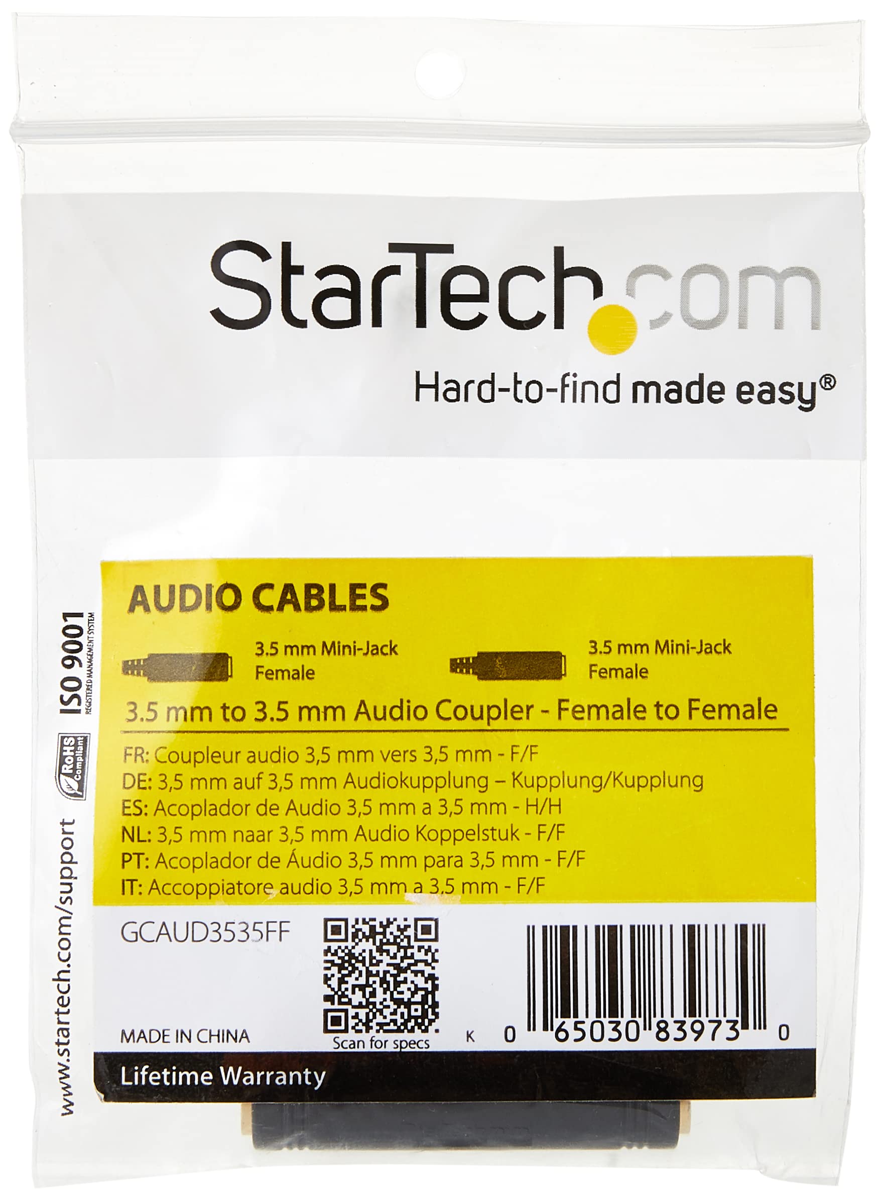 StarTech.com 3.5mm Female to Female Coupler - 3.5mm Audio Coupler - Gold Plated Connectors - Female/Female - Aux Cord Adapter (GCAUD3535FF),Black