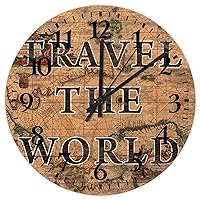 Wooden Wall Clock Round Silent Non-Ticking Travel The World Farmhouse Wall Clocks Abstract World Map Home Decor for Study Room Hotel Exercise Room 10 inch