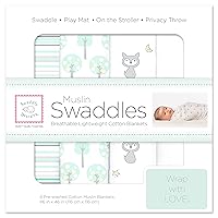 SwaddleDesigns Cotton Muslin Swaddle Blankets, Set of 4, Receiving Blankets for Baby Boys & Girls, Best Shower Gift, 46x46 inches, Green Woodland