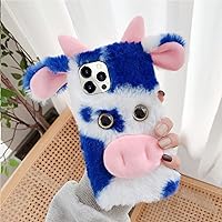 LUVI Compatible with iPhone 15 Pro Max Case 3D Cute Plush Furry Fuzzy for Women Fuzzy Fluffy Cartoon Cow Fur Hair Protection Fashion Shockproof Cover for Women Girls Blue
