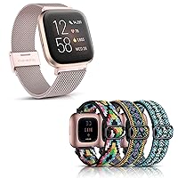 Maledan Rose Gold Adjustable Stainless Steel Metal Bands Bundle with 3-Pack Green/Boho Purple/Boho Color Adjustable Nylon Elastic Bands Compatible with Fitbit Versa 2/Versa/Versa Lite SE