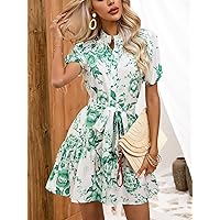 Dresses for Women - Floral Print Belted Ruffle Hem Dress (Color : Multicolor, Size : Small)