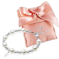 Elegant Pearl Beaded Bracelets, Christening Bracelet for Girls, Sterling Silver Cross Charm, Baptism Gifts for Girl, Kids Keepsake Birthday Gift