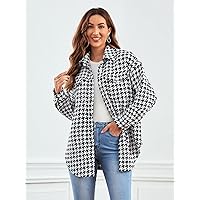 Coat for Women - Houndstooth Print Drop Shoulder Flap Pocket Overcoat (Color : Black and White, Size : X-Large)