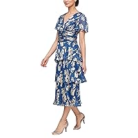 S.L. Fashions Women's Short Sleeve Tea Length V-Neck Tier Ruched Waist, Wedding Guest Dress, Royal Gold