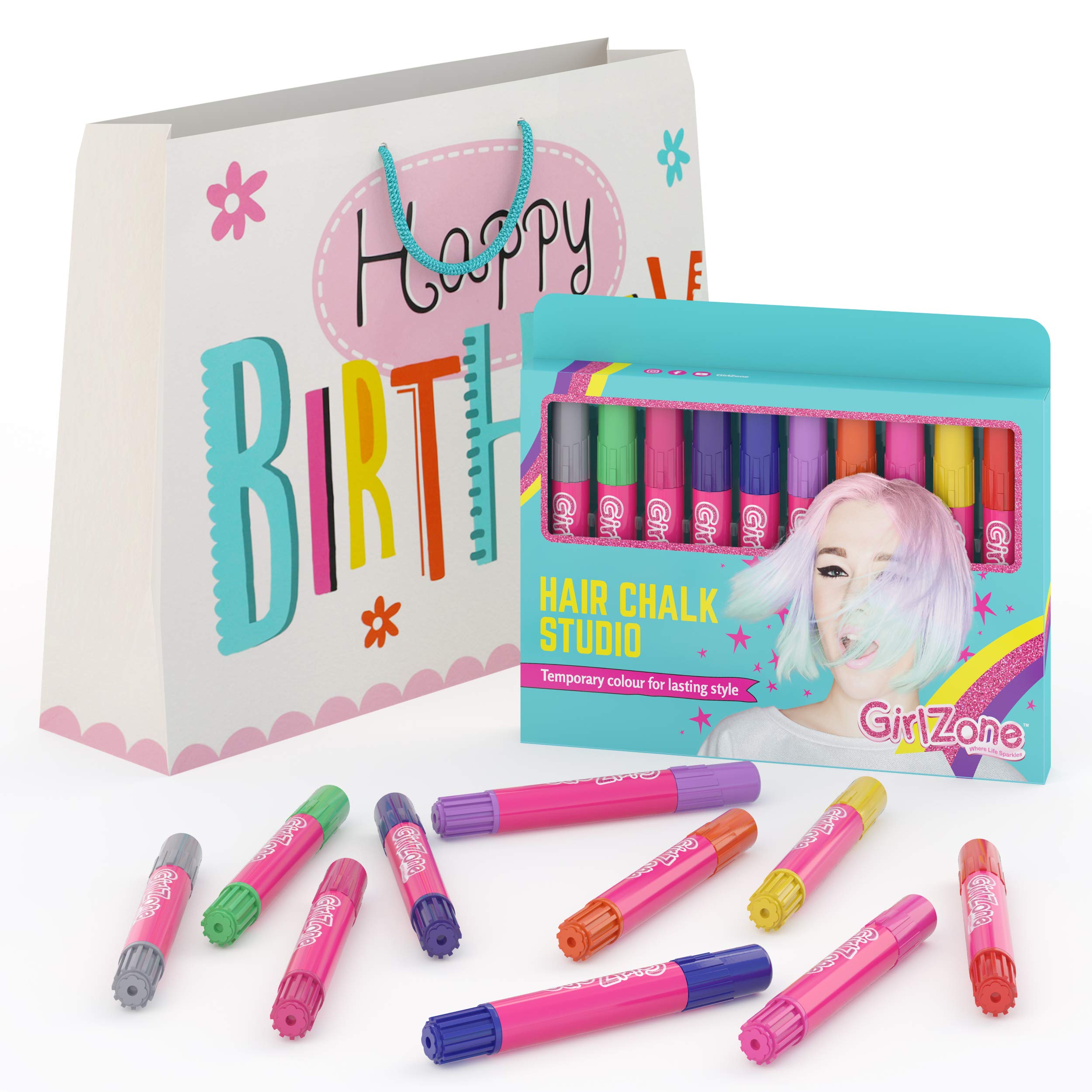GirlZone Hair Chalks Set, 10-Piece Temporary Hair Chalks Color, Girl Toys For Girls Ages 8-12, Birthday Gifts For Girls & Girls Toys 8-10 Years Old