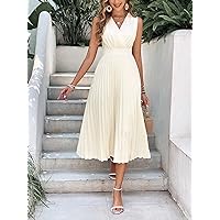 Dresses for Women - Solid Pleated Hem Dress (Color : Apricot, Size : X-Small)