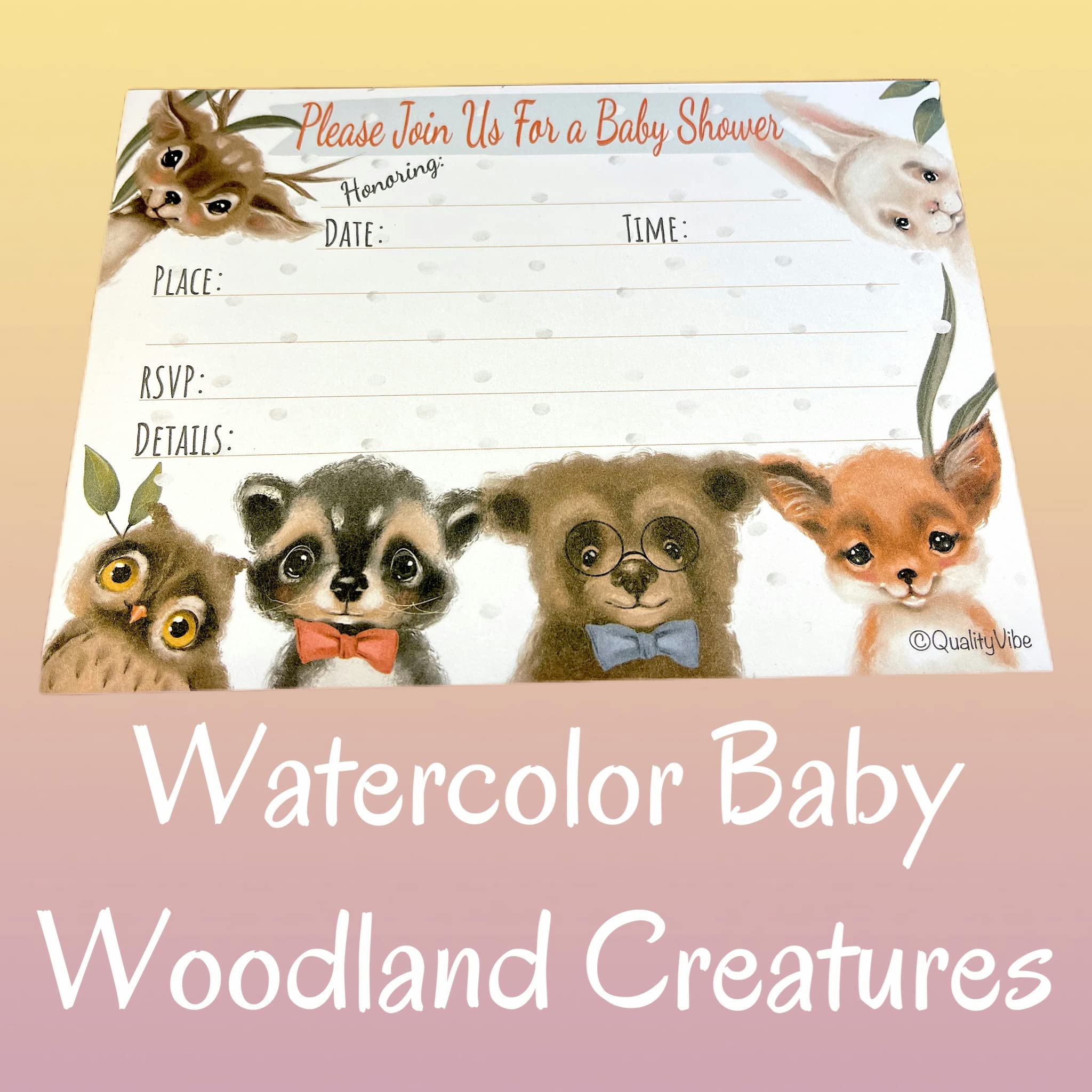 Baby Shower Invitations Woodland Creatures For Baby Boy or girl. Set Includes 25 Invites, 25 Baby Book Inserts, 25 Diaper Raffle & 25 Envelopes. Watercolor Design Bear, Racoon, Deer, Rabbit & Fox.