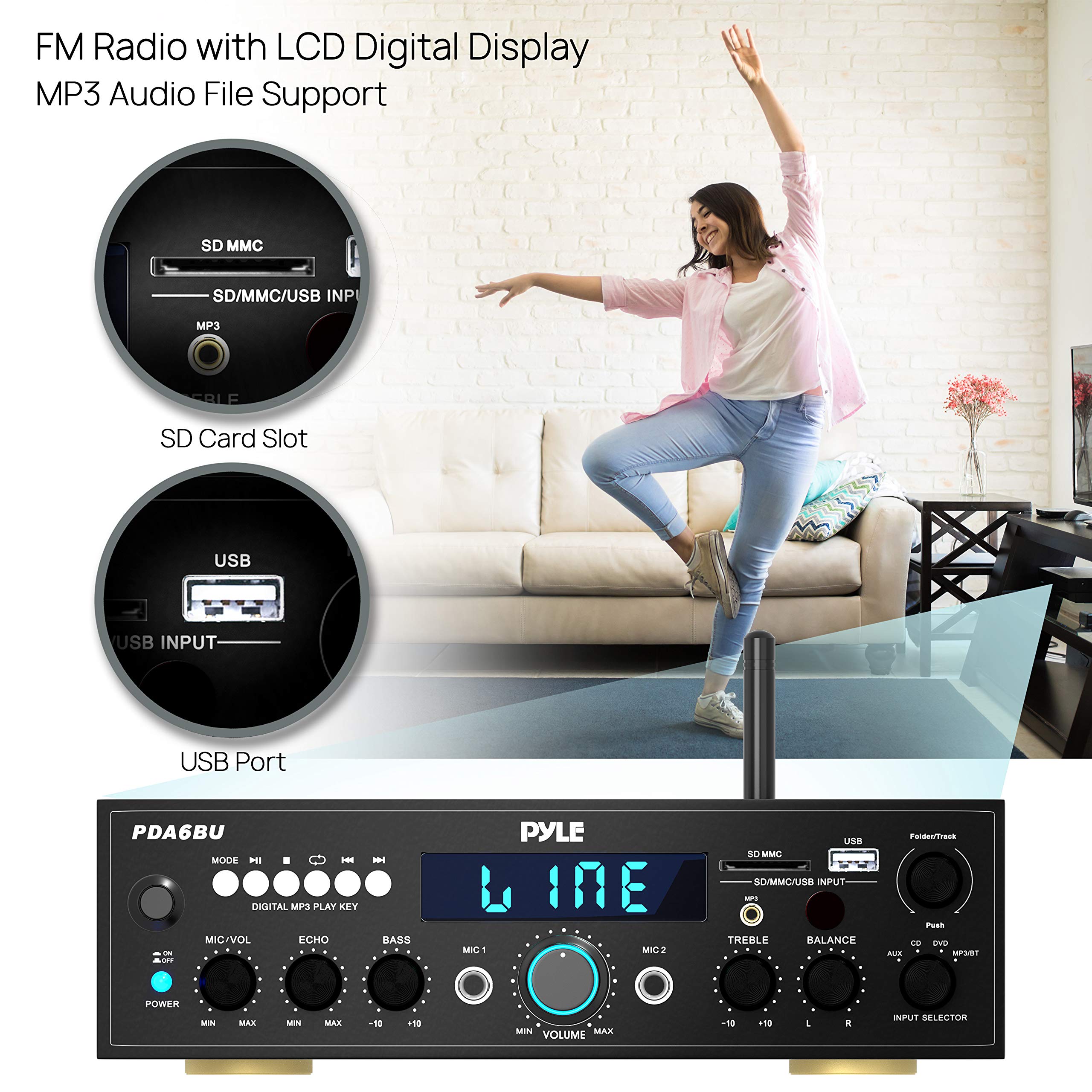 Pyle PDA6BU.6 - Wireless Bluetooth Power Amplifier System - 200W Dual Channel Sound Audio Stereo Receiver w/ USB, SD, AUX, MIC w/ Echo, Radio, LCD - For Home Theater Entertainment via RCA, Studio Use