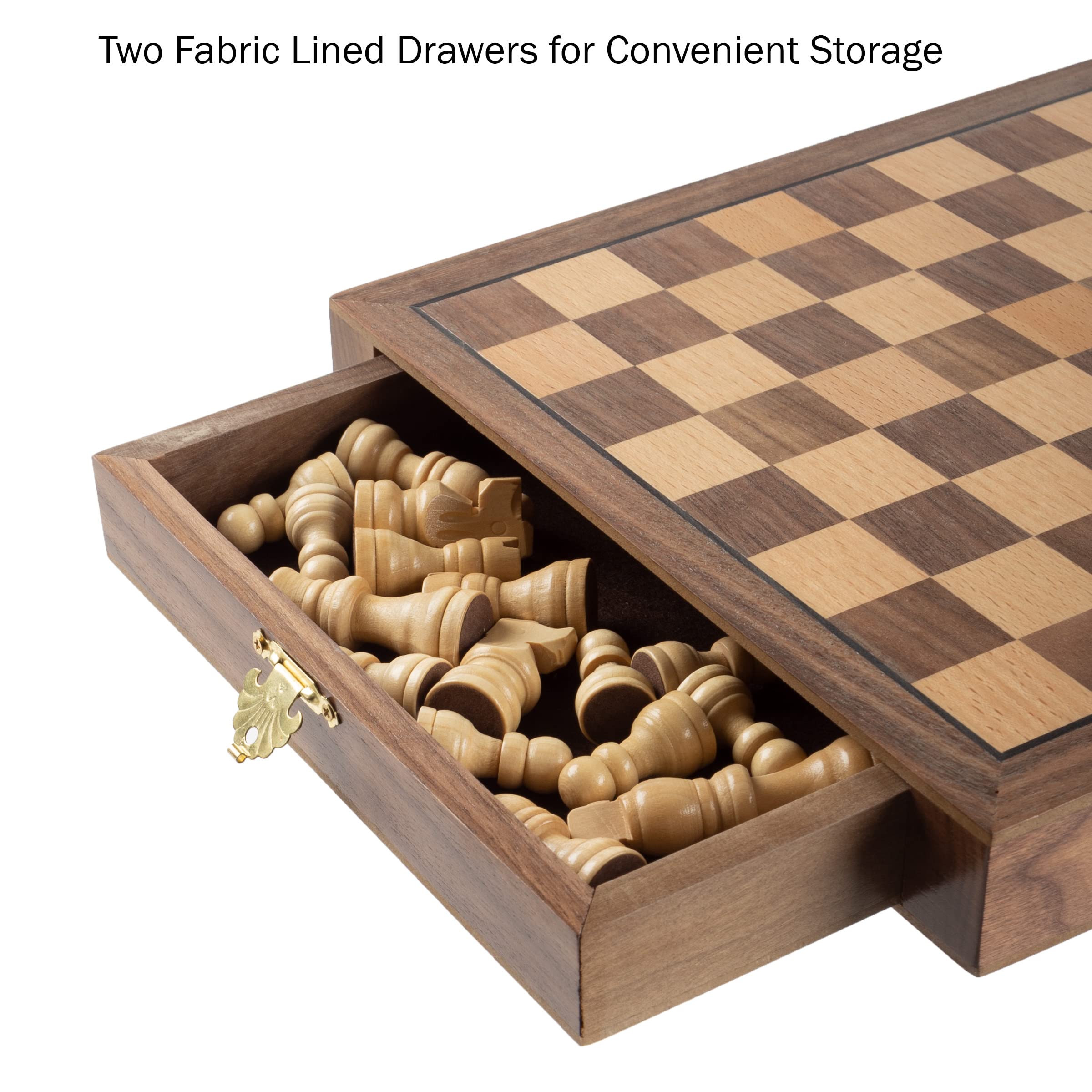 Hey! Play! Classic Strategy Chess Board Game Set - Inlaid Wood Magnetic Chess Board with Storage Drawer for Hand-Carved Staunton Chessmen by Trademark Games,Brown,1.375x9.875x9.875