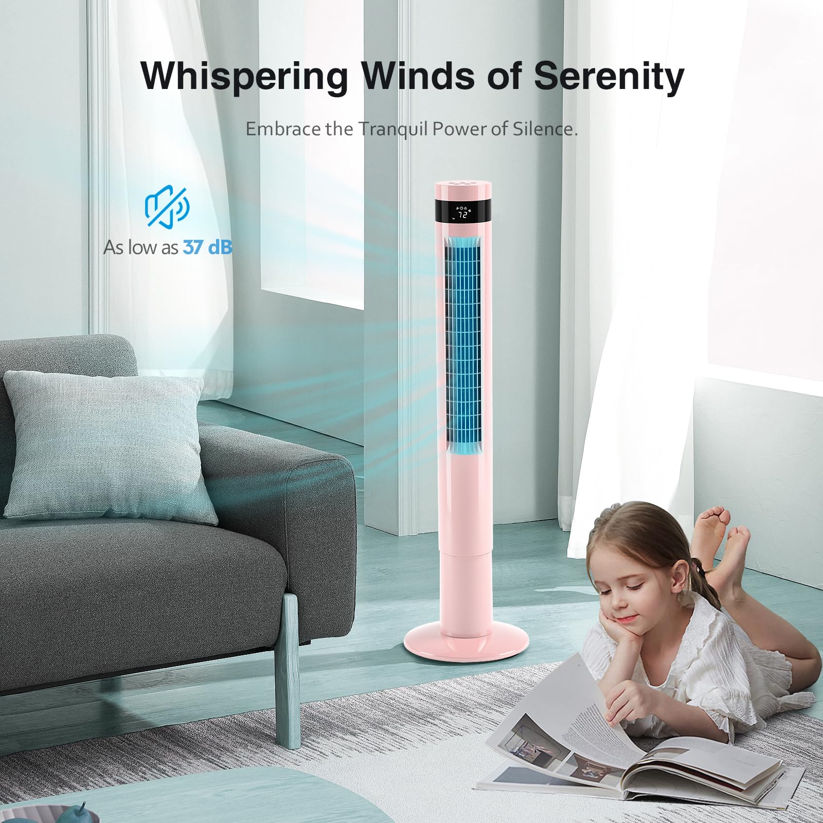 R.W.FLAME Tower Fan with Oscillation, Remote Control, 3 Wind Modes,Time Settings, Portable Bladeless Floor Fans for Home with Children/Pets/Elders(Pink, 43