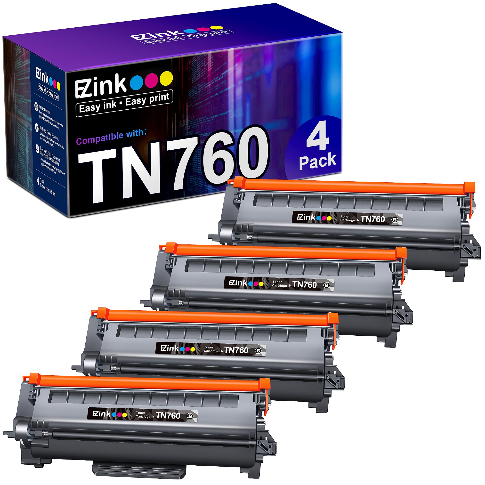 E-Z Ink (TM Compatible TN760 Toner Cartridges Replacement for Brother TN-760 TN730 TN-730 to Use with HL-L2350DW HL-L2395DW HL-L2390DW HL-L2370DW MFC-L2750DW MFC-L2710DW DCP-L2550DW (Black, 4 Pack)