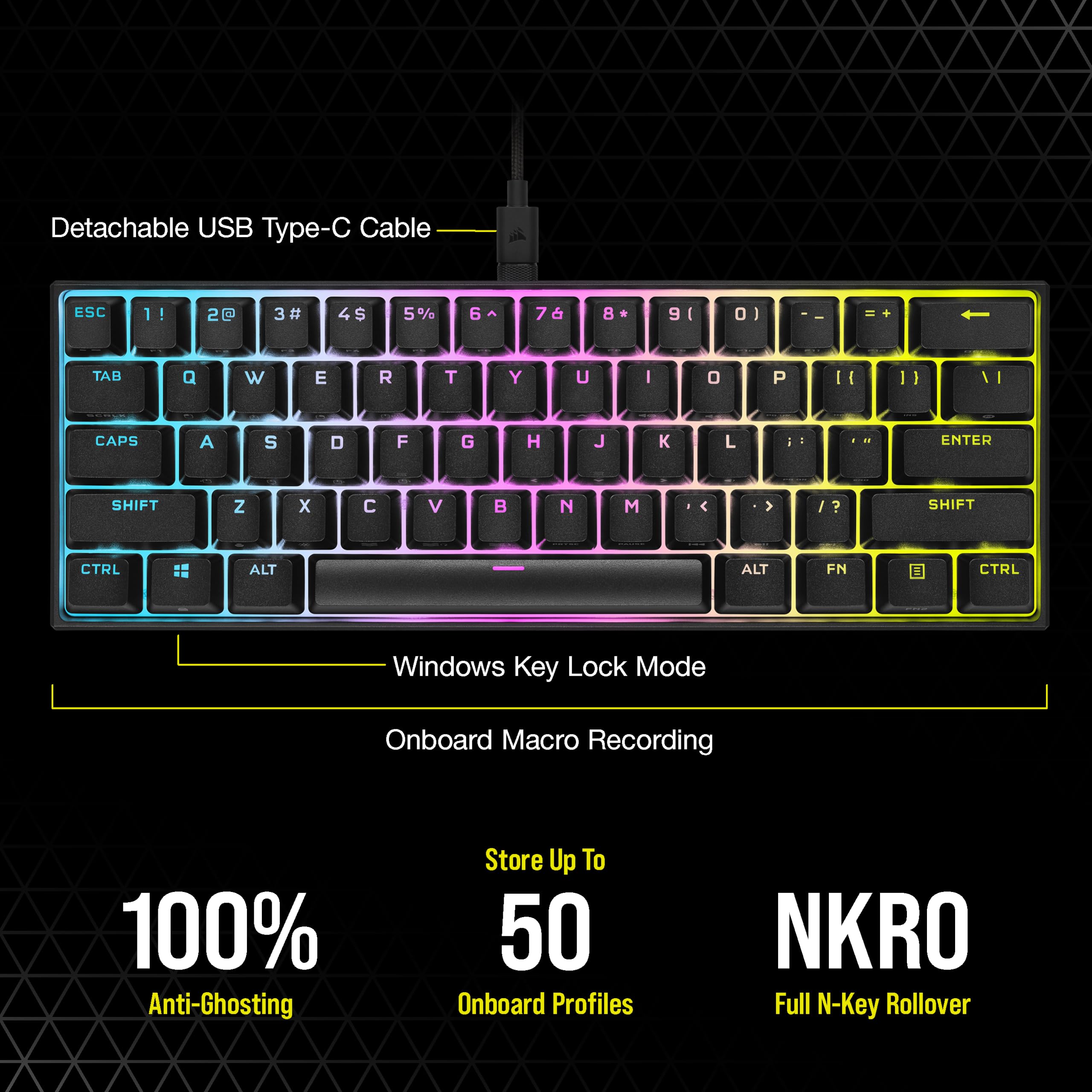 Corsair K65 RGB Mini 60% Mechanical Gaming Keyboard - Cherry MX Brown Mechanical Keyswitches - Customizable Per-Key RGB Backlighting - Detachable USB Type-C Cable - QWERTY NA Layout - Black