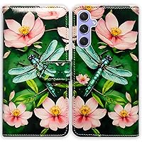 RFID Blocking Case for Galaxy A35 5G,Green Dragonfly Pink Flower Leather Flip Phone Case Wallet Cover with Card Slot Holder Kickstand for Samsung Galaxy A35 5G
