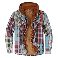 Mens Hooded Sweatshirt Sherpa Quilted Lined Button Down Plaid Shirt Jackets For Men Winter Warm Hooded Outerwear