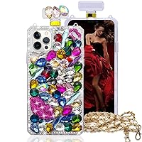 Losin Perfume Bottle Case Compatible with iPhone 14 Pro Max Bling Diamond Case Luxury Crystal Rhinestones 3D Bling Gemstone Lips Fashion Detachable Crossbody Lanyard for Women Girls Girly