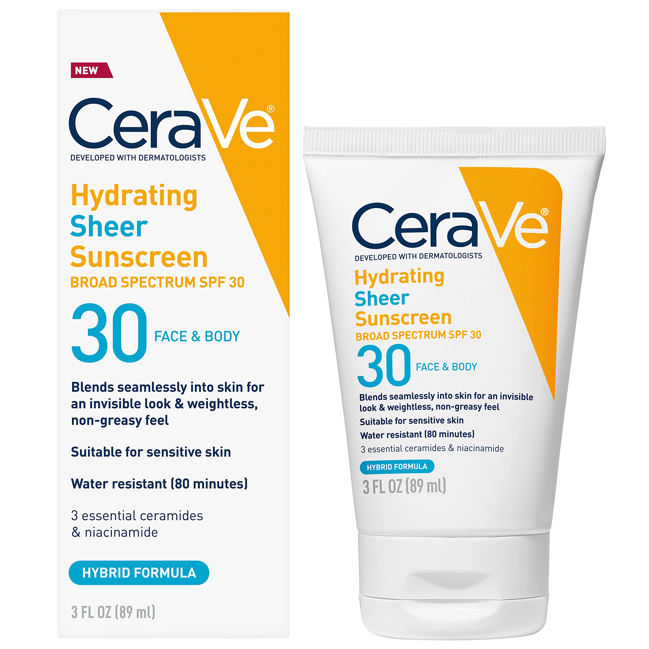 CeraVe Hydrating Sheer Sunscreen SPF 30 for Face and Body | Mineral Sunscreen & Chemical Sunscreen with Zinc Oxide, Hyaluronic Acid, Niacinamides and Ceramides| Paraben Free Fragrance Free | 3 Ounces