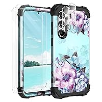 Casetego Compatible with Galaxy S23 5G Case,Floral Shockproof Three Layer Heavy Duty Protective[2 Pcs Tempered Screen Protector+2 Pcs Camera Lens Protector] Case for Samsung Galaxy S23,Blue Flower