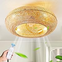 Boho Caged Ceiling Fan with Light Flush Mount, 20 Inch Enclosed Rattan Ceiling Fans with Lights and Remote Control,Low Profile 6 Speeds for Bedroom, Living Room
